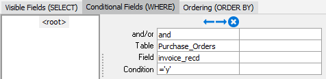 The where tab. From the purchase orders table, invoice received has been added with the condition equal to y.